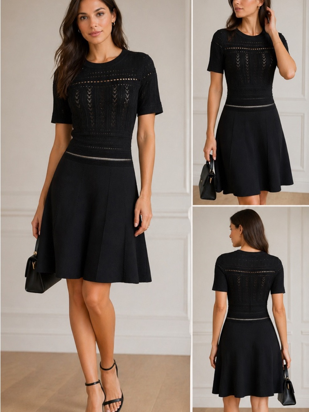 ZARA NWT Black Knit Fit & Flare Dress Eyelet Short Sleeve Size M